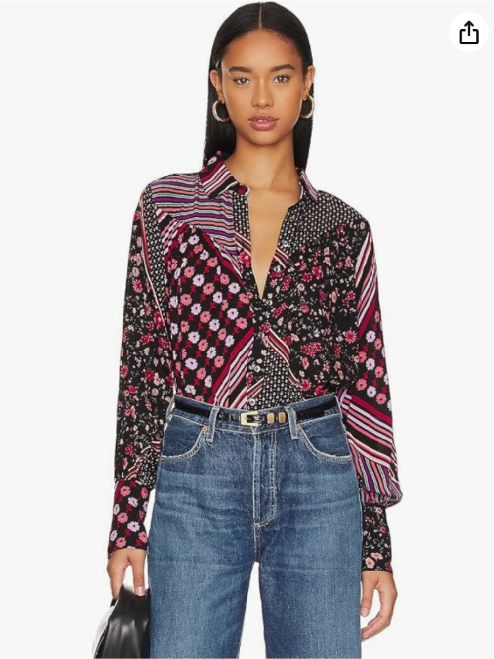 Free People Hazel Button Down Blouse in Black Combo